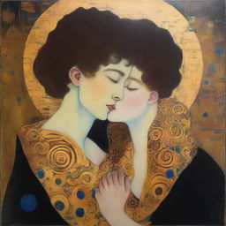 A girl representing daylight and a boy representing the darkness of the night are hugging each other in a style reminiscent of Gustav Klimt's painting 'The Kiss'