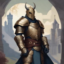 A detailed illustration of a Dragonborn knight wearing a brass mask