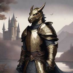 A detailed illustration of a Dragonborn knight wearing a brass mask