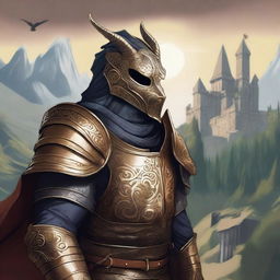 A detailed illustration of a Dragonborn knight wearing a brass mask