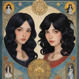 Two animated girls in a tarot card: one with curly, black hair, and the other with smooth, straight, black hair, both surrounded by mystical symbols