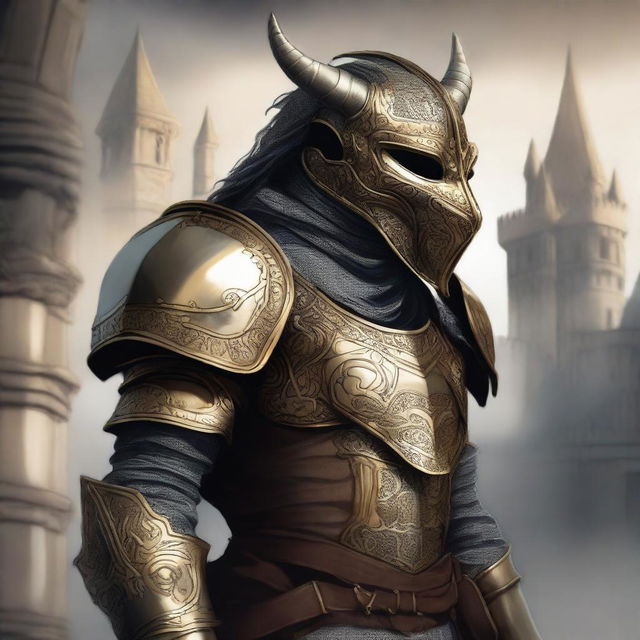 A detailed illustration of a Dragonborn knight wearing a brass mask