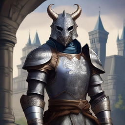 A detailed illustration of a Dragonborn knight wearing an elegant mask