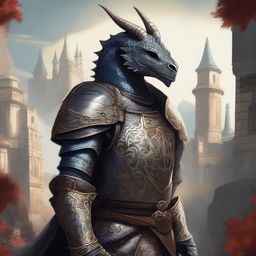 A detailed illustration of a Dragonborn knight wearing an elegant mask