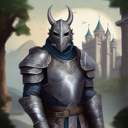 A detailed illustration of a Dragonborn knight wearing an elegant mask