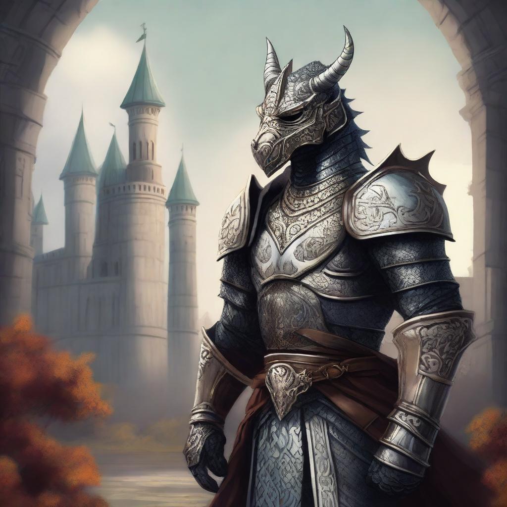 A detailed illustration of a Dragonborn knight wearing an elegant mask