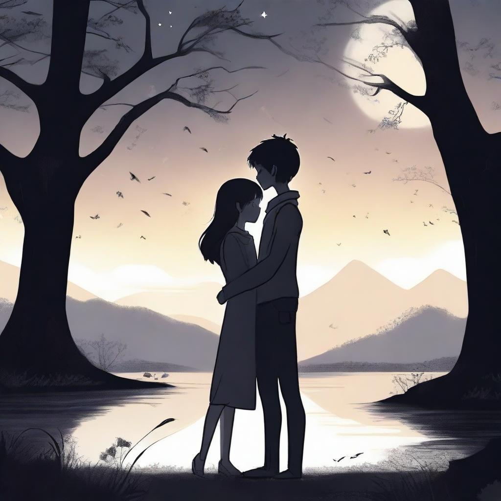 A girl representing daylight and a boy representing the darkness of the night are hugging each other