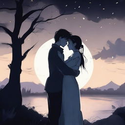 A girl representing daylight and a boy representing the darkness of the night are hugging each other