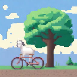 A pixel art scene featuring a goat standing next to a bicycle