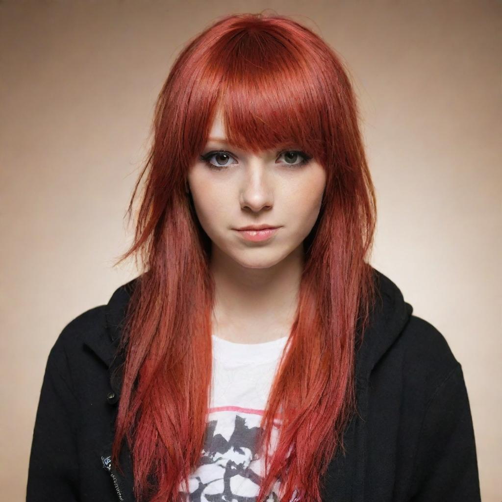 Create a vivid image of a female emo cartoon character with dyed long red hair with bangs, brown eyes, and tan skin.