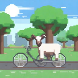 A pixel art scene featuring a goat standing next to a bicycle