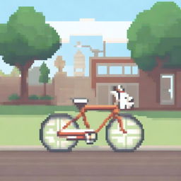 A pixel art scene featuring a goat standing next to a bicycle