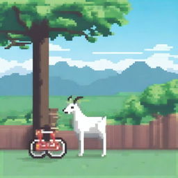 A pixel art scene featuring a goat standing next to a bicycle