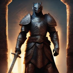 A majestic Dragonborn Knight acolyte stands proudly in full armor, holding a gleaming sword