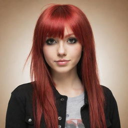 Create a vivid image of a female emo cartoon character with dyed long red hair with bangs, brown eyes, and tan skin.