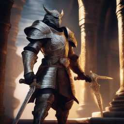 A majestic Dragonborn Knight acolyte stands proudly in full armor, holding a gleaming sword