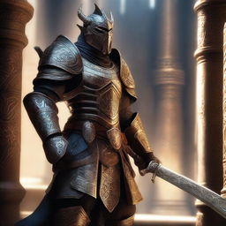 A majestic Dragonborn Knight acolyte stands proudly in full armor, holding a gleaming sword