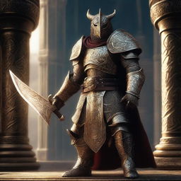 A majestic Dragonborn Echo Knight Brass Acolyte stands proudly in full armor, holding a gleaming sword