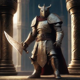 A majestic Dragonborn Echo Knight Brass Acolyte stands proudly in full armor, holding a gleaming sword