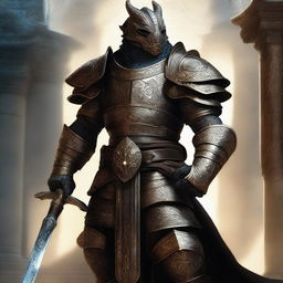 A majestic Dragonborn Echo Knight Brass Acolyte stands proudly in full armor, holding a gleaming sword