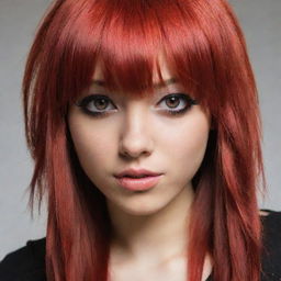 Create a vivid image of a female emo cartoon character with dyed long red hair with bangs, brown eyes, and tan skin.