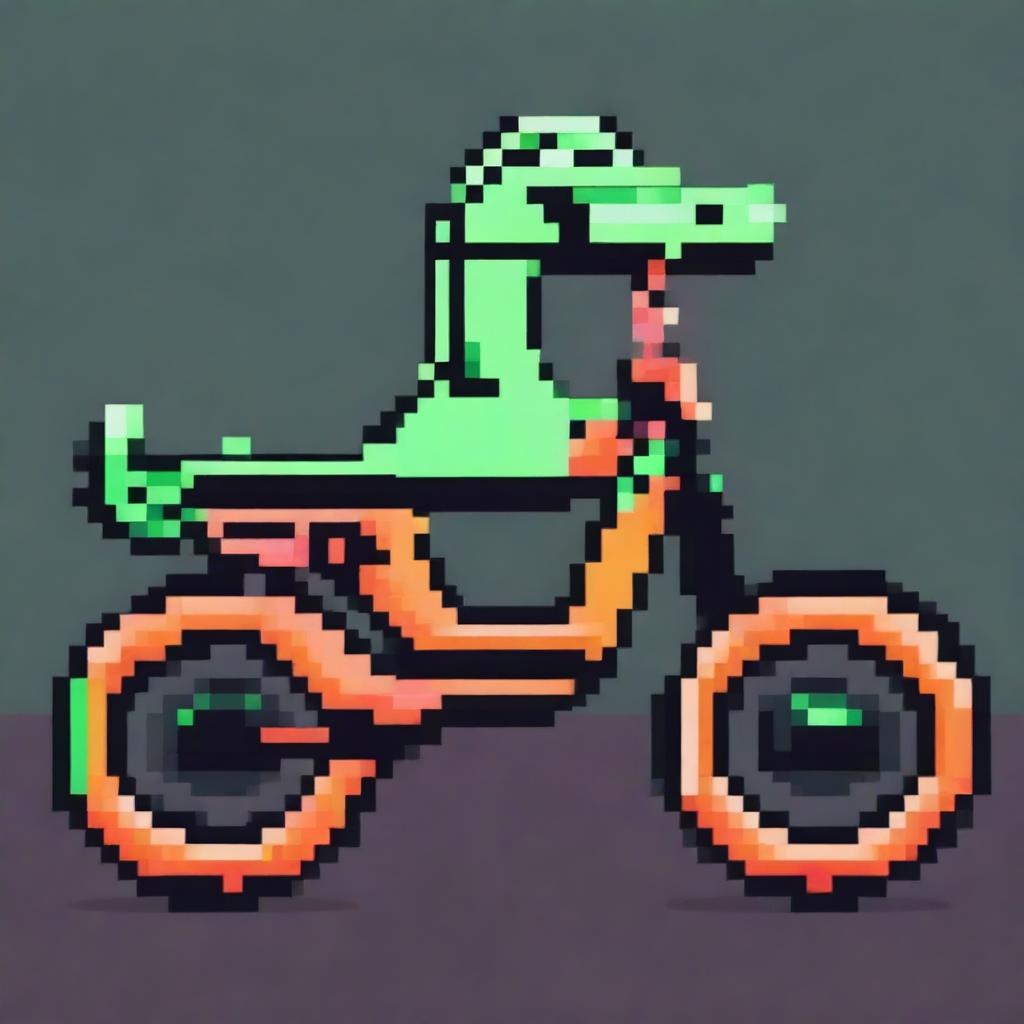 A unique pixel art design that creatively combines a bicycle and a cobra