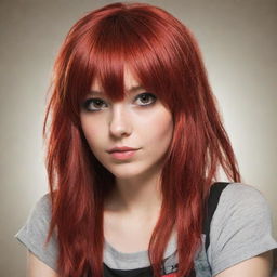 Create a vivid image of a female emo cartoon character with dyed long red hair with bangs, brown eyes, and tan skin.