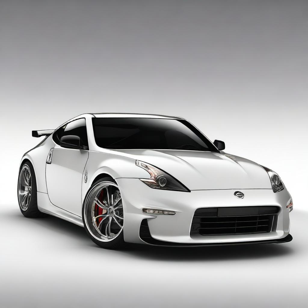 A custom car design featuring a Nissan 370z body with the distinctive head lights of a Porsche 911