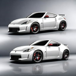 A custom car design featuring a Nissan 370z body with the distinctive head lights of a Porsche 911