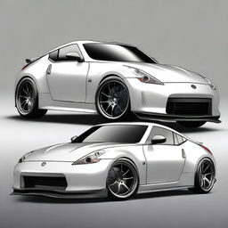 A custom car design featuring a Nissan 370z body with the distinctive head lights of a Porsche 911