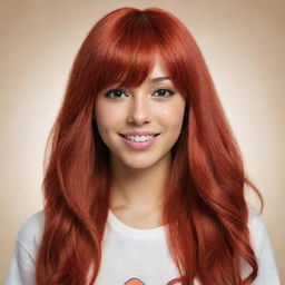 Draw a vivacious female cartoon character with dyed long red hair with bangs, brown eyes, and tan skin.