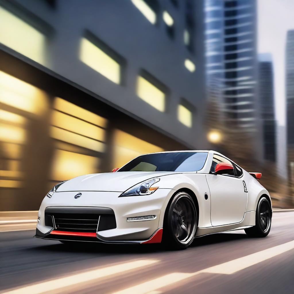 A Nissan 370z Nismo with round Porsche-style headlights, depicted in a realistic and detailed manner