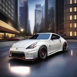 A Nissan 370z Nismo with round Porsche-style headlights, depicted in a realistic and detailed manner