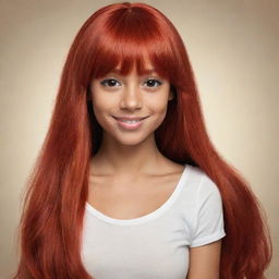 Draw a vivacious female cartoon character with dyed long red hair with bangs, brown eyes, and tan skin.