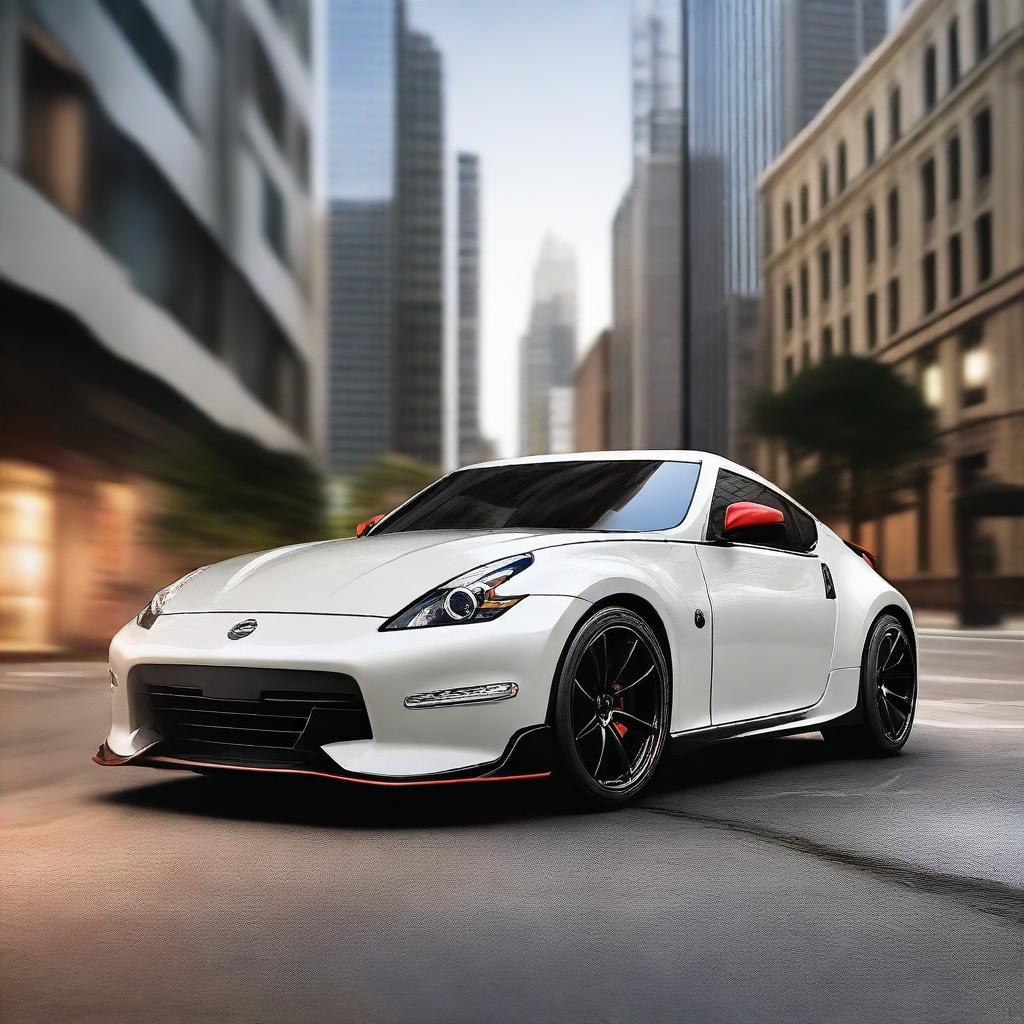 A Nissan 370z Nismo with round Porsche-style headlights, depicted in a realistic and detailed manner