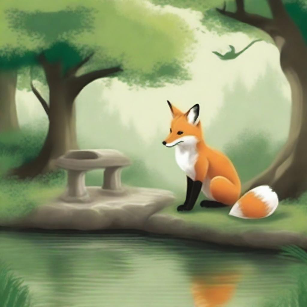 A captivating book cover featuring a serene forest scene with a charming fox sitting by an old stone wishing well