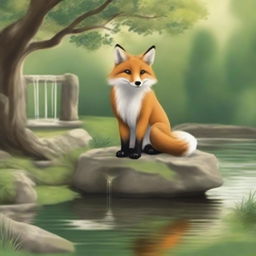 A captivating book cover featuring a serene forest scene with a charming fox sitting by an old stone wishing well