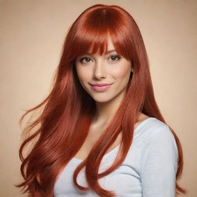 Draw a vivacious female cartoon character with dyed long red hair with bangs, brown eyes, and tan skin.