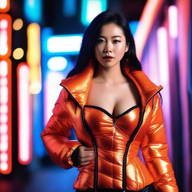 A fashionable Asian woman wearing a tight, shiny orange puffer corset, posing confidently in an urban setting with neon lights