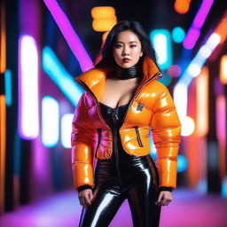 A fashionable Asian woman wearing a tight, shiny orange puffer corset, posing confidently in an urban setting with neon lights