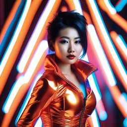 A fashionable Asian woman wearing a tight, shiny orange puffer corset, posing confidently in an urban setting with neon lights