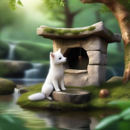 A heartwarming scene featuring a white fox pup sitting by an old stone wishing well in a tranquil forest