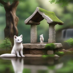 A heartwarming scene featuring a white fox pup sitting by an old stone wishing well in a tranquil forest