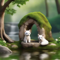 A heartwarming scene featuring a white fox pup sitting by an old stone wishing well in a tranquil forest