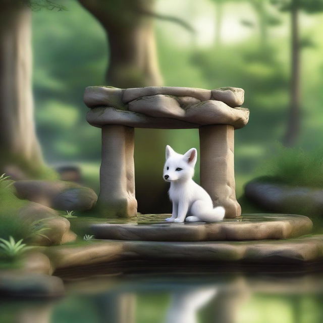 A heartwarming scene featuring a white fox pup sitting by an old stone wishing well in a tranquil forest