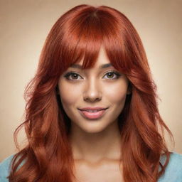 Draw a vivacious female cartoon character with dyed long red hair with bangs, brown eyes, and tan skin.