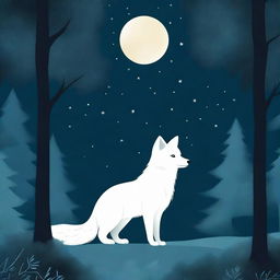 A captivating book cover featuring a white fox pup standing on a moonlit path at night