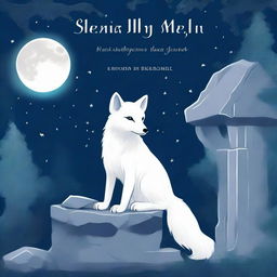 A beautiful book cover featuring a white fox sitting by an old stone wishing well at night, illustrated in pastel art style