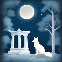 A beautiful book cover featuring a white fox sitting by an old stone wishing well at night, illustrated in pastel art style