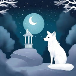 A beautiful book cover featuring a white fox sitting by an old stone wishing well at night, illustrated in pastel art style